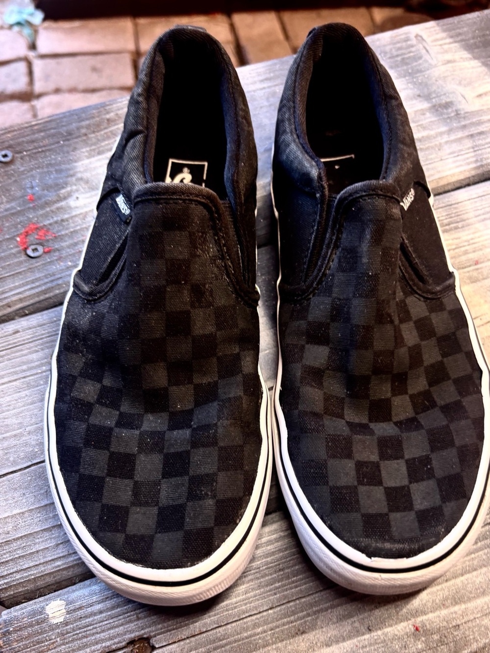 Vans black & gray checkerboard slip-on sneakers Womens 7 good condition